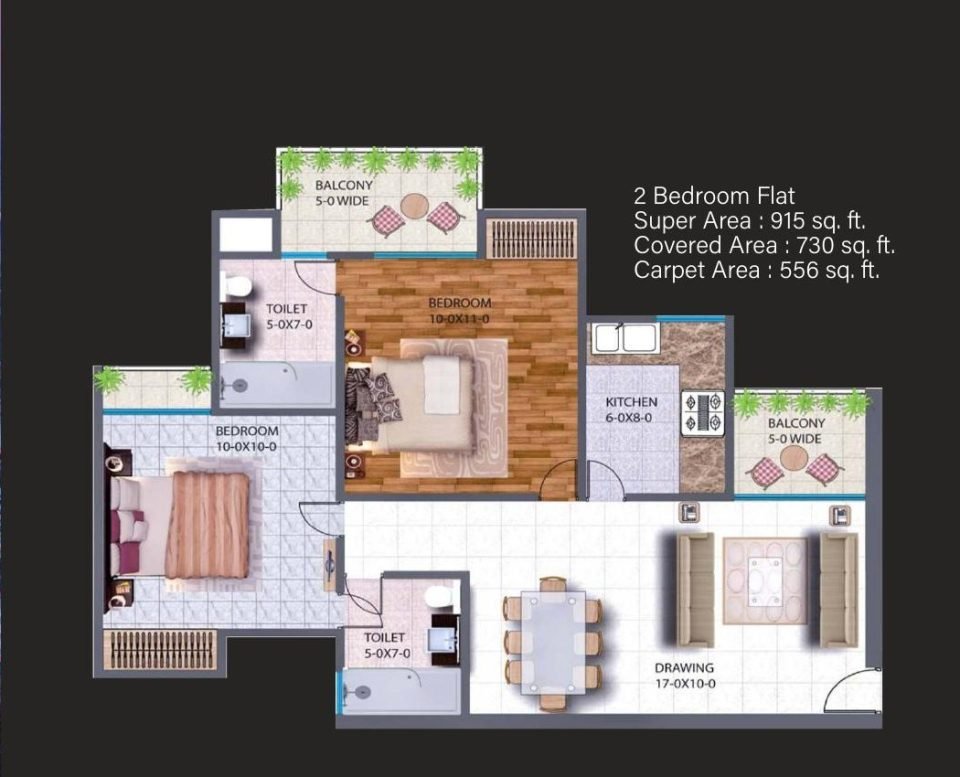 2 BHK — 915 sq. ft. (carpet 556 sq. ft.)
